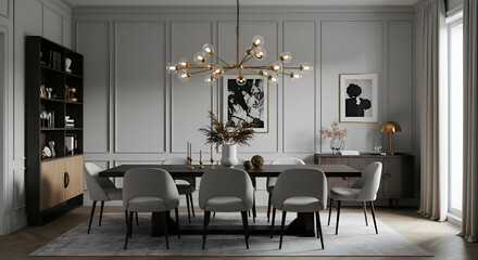 Elegant dining room with modern furniture in a neutral color palette. Gray upholstered chairs and a dark wood dining table, set in a spacious, light-gray room with wainscoting.