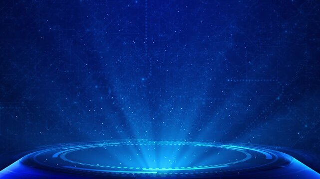 4K Blue Hologram Virtual Interface display blue scan display technology Spotlight Stage Animation. Elegant Event Lighting with Beams. Perfect for Concerts, Performances, Award Shows, Presentations