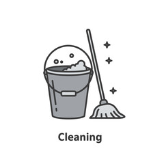 Minimalist Cleaning Icon Featuring a Bucket with Soap and a Mop