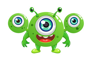 Obraz premium Cute green alien with three eyes and antennae