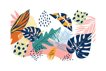 Naklejka premium Vibrant abstract tropical leaves collage with geometric patterns