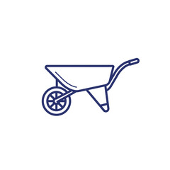 Simple blue line art illustration of a wheelbarrow on a white background