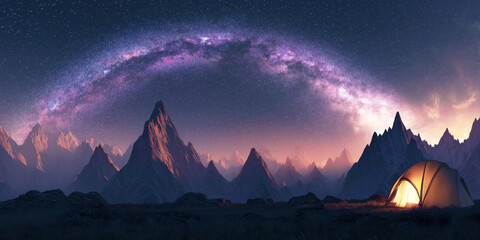 tourist tent in mountains in nature under starry sky with stars and colorful Milky Way at night. Panorama landscape with night sky