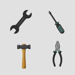 Four Common Hand Tools Wrench Screwdriver Hammer and Pliers Illustration