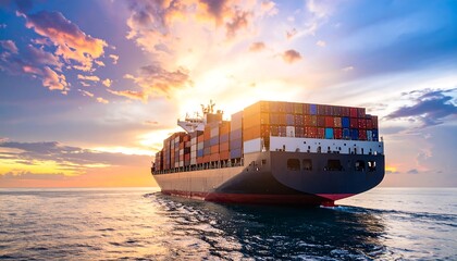 Container ship at sunset, sailing on calm ocean waters
