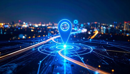 Glowing map pin above city at night, digital network overlay