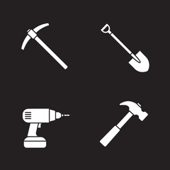 Construction Tools Icon Set Pickaxe Shovel Drill and Hammer on Black