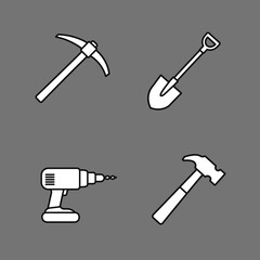 Construction Tools Icons Pickaxe Shovel Drill and Hammer in White Outline