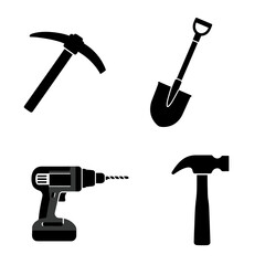 Black and white vector illustration of construction and gardening tools set