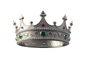 Ornate silver royal crown adorned with colorful gemstones on black background