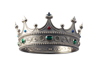 Ornate silver royal crown adorned with colorful gemstones on black background
