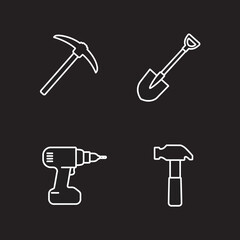 Set of construction tools pickaxe shovel drill and hammer line art