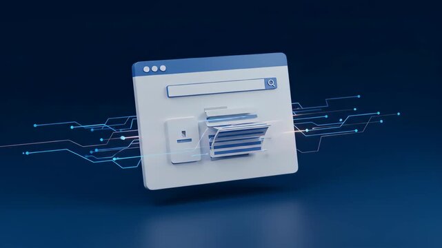 A 3d rendering of a browser window with file transfer and data stream, representing modern technology web serach