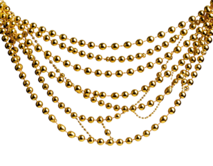 Festive Gold Beaded Christmas Garland Draped Elegantly, Close-Up View, Transparent PNG .