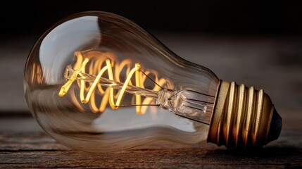A vintage light bulb with a spiral filament on a wooden table.