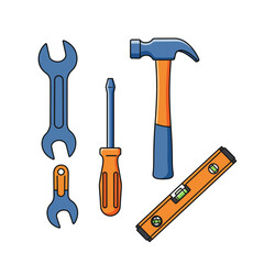 Illustration of Hand Tools Including Wrenches Screwdriver Hammer and Level
