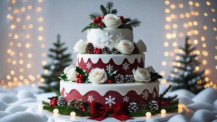 Festive wedding cake with roses and berries for Christmas. Great for patisserie portfolios, holiday blogs, and sophisticated photography.