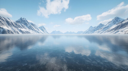 Frozen Lake Reflecting Snowy Mountains