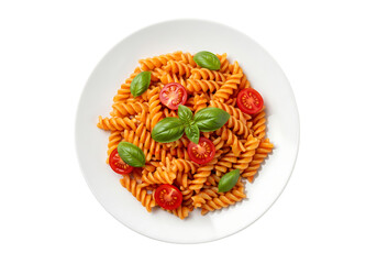 Italian fusilli pasta with tomato sauce, cherry tomatoes, and fresh basil on a plate. Isolated on transparent background, png