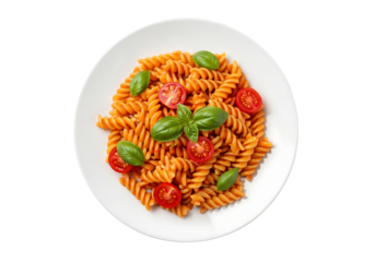Italian fusilli pasta with tomato sauce, cherry tomatoes, and fresh basil on a plate. Isolated on transparent background, png