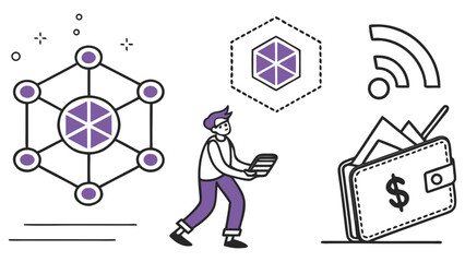 Illustration showing blockchain technology with wallet wifi and person using digital device concept design vector on transparent background