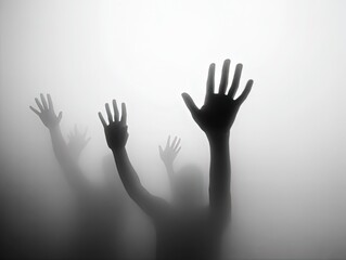 "Halloween Horror Atmosphere! Foggy Hand Silhouettes on White Background - Eerie Design Asset for Creepy Posters"