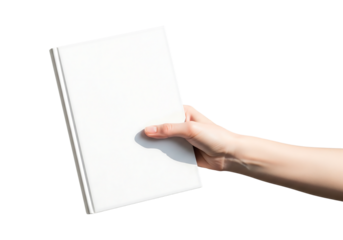Woman's hand holding a blank white hardcover book, cover mockup for a novel or diary. Isolated on transparent background, png
