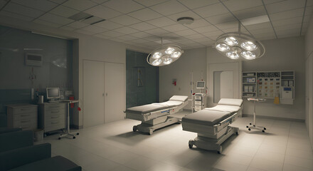Hospital operating room with sterile, modern equipment. Empty operating tables and medical technology under soft, ambient lighting.