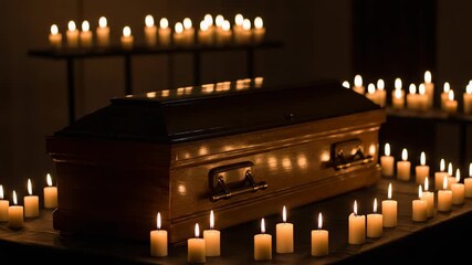 Lit candles surrounding coffin, symbolizing funeral arrangement, in somber setting. Funeral includes numerous lit candles casting soft glow. Funeral is a solemn event for remembrance and mourning.