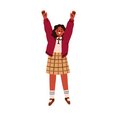 Girl kid, happy school student. Excited child with arms raised, jumping with hands up. Joyful schoolkid smiling, emotional cheerful expression. Flat vector illustration isolated on white background