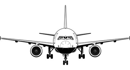 Naklejka premium Detailed black and white line art illustration of a commercial passenger jet. Front-on view of an airliner for transport and aviation concepts.