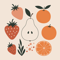 Modern Fruit Illustration with Strawberries Oranges and Pear