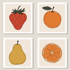 Set of Four Minimalist Fruit Prints Strawberry Orange Pear