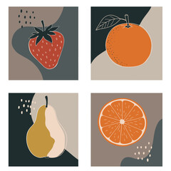 Abstract Fruit Prints Set Strawberry Pear Orange