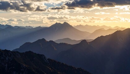 Golden Sunset Over Majestic Mountain Ranges with Dramatic Cloudscape, and Serene Landscape.