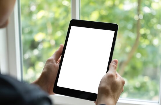 Person holds black tablet near window, using device. Rich green tree visible outside suggests park or garden location. Remote work, outdoor office, nature connection, digital nomad lifestyle concepts.