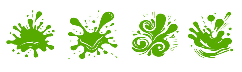 Set of red,  green, blue,  black ink splatter elements with abstract shapes, decorative liquid drops, grunge splash icons, perfect for artistic, design, and creative background projects.