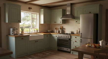 Sage green kitchen with country style, featuring a farmhouse sink and a modern gas cooker. A home chef is preparing a meal in a beautiful, spacious, rural kitchen.