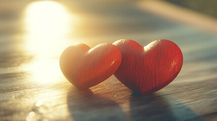 Fototapeta premium Two red hearts on wooden surface sunset light love romance