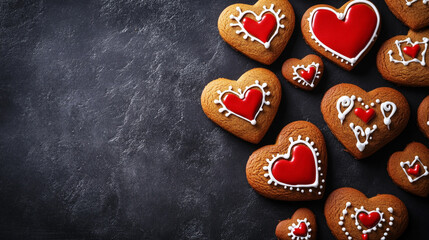 Delicious heart shaped cookies on dark background sweet treats valentines day baking