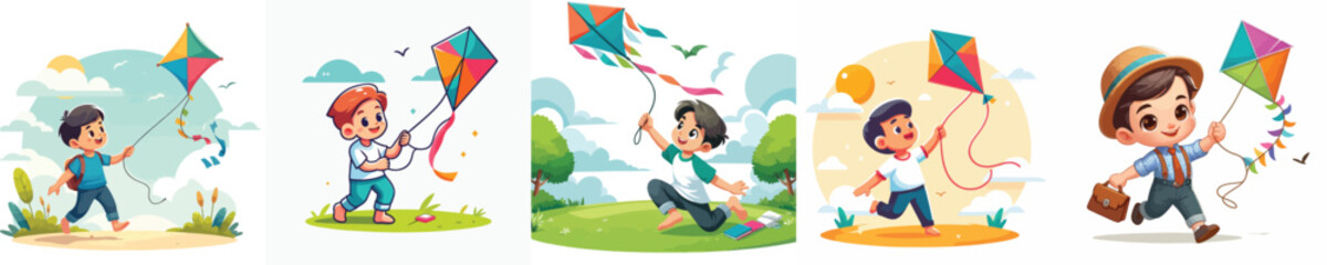 VECTOR IMAGE OF A BOY PLAYING WITH A KITE WITH A WHITE BACKGROUND