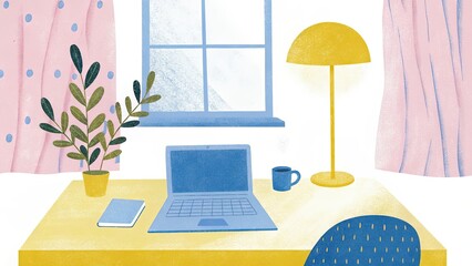 Cozy home office with laptop and coffee beside potted plant and lamp on desk near window with copy space