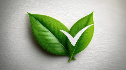 Eco-label design featuring green leaves and a check mark representing natural product identity and consumer trust for eco-friendly products
