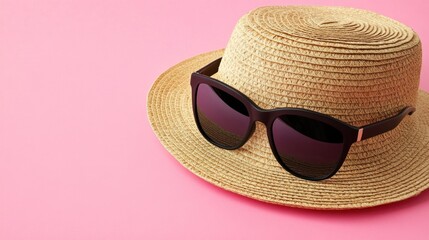 Top view summer beach concept. Straw hat, sunglasses, and camera on pink background