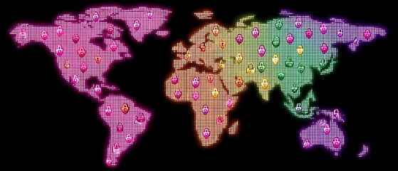 Digital world map featuring security and data icons global overview graphic design high-tech environment aesthetic viewpoint