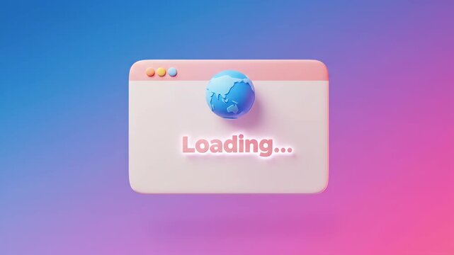 A 3d rendering of a browser window with a loading message and a globe, representing internet connection web serach