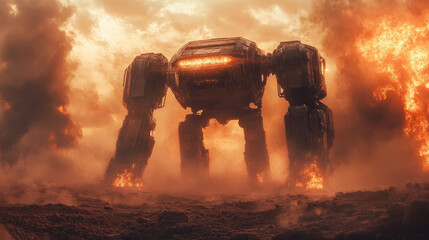 Concept of futuristic wasteland with two transformer robots grappling in intense combat surrounded by dust clouds and glowing energy effects, dynamic sci-fi action scene, copy space ,banner