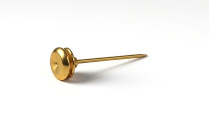 Single gold button isolated on white background. Centrally located round gold button tilted left. Bright metallic color contrasts sharply with monochrome surroundings. Minimalist design, luxury