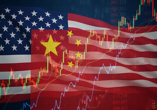 Us and china flags with stock market graph overlay