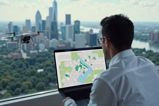 Surveyor analyzing cadastre map overlay on laptop with aerial drone shot of city skyline.